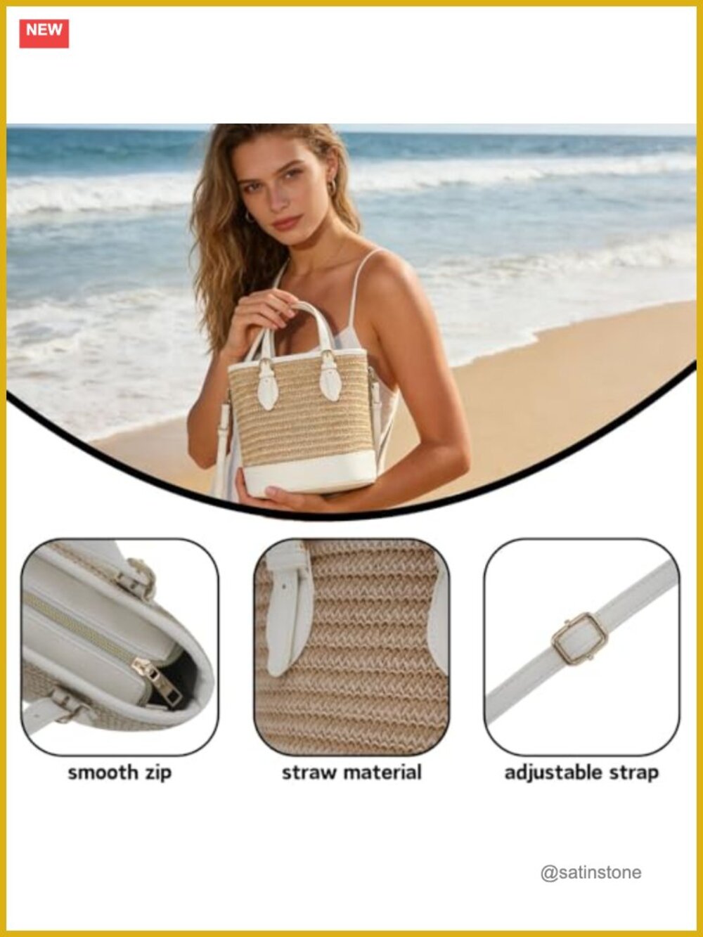 Straw Bucket Bag with Crossbody Strap, Summer Beach Purse - Picture 6 of 7